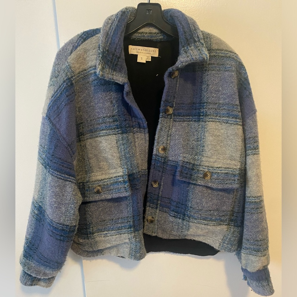 Saltwater Luxe Blue Flannel Bomber Jacket, size Small